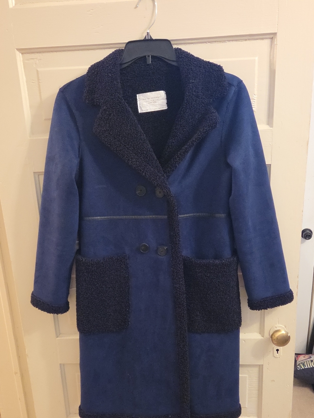Zara Navy Blue Double-Breasted Shearling-Trim Trench Coat